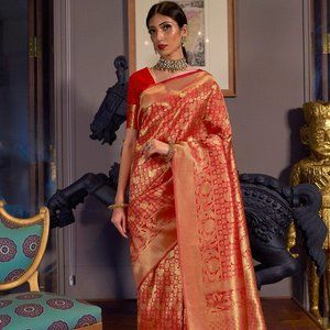 JHEAPS TOMATO RED AND GOLDEN BLEND KANJIVARAM SOFT WOVEN SILK SAREE